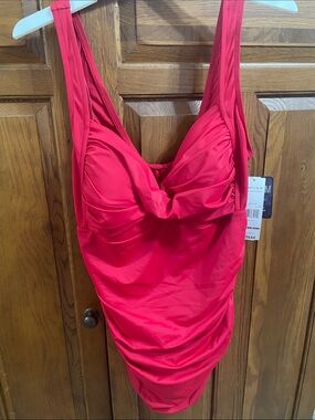 Red  Ruched One-Piece Swimsuit Sz. 2X 18/20 Simply Slim NWT
